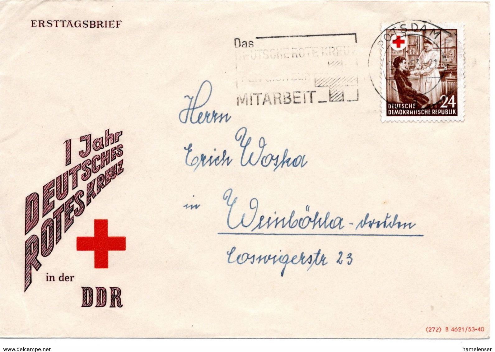 55554 - DDR - 1953 - 24Pfg Rotes Kreuz EF A Bf POTSDAM - DAS DEUTSCHE ROTE KREUZ ... -> Weinboehla - Cruz Roja