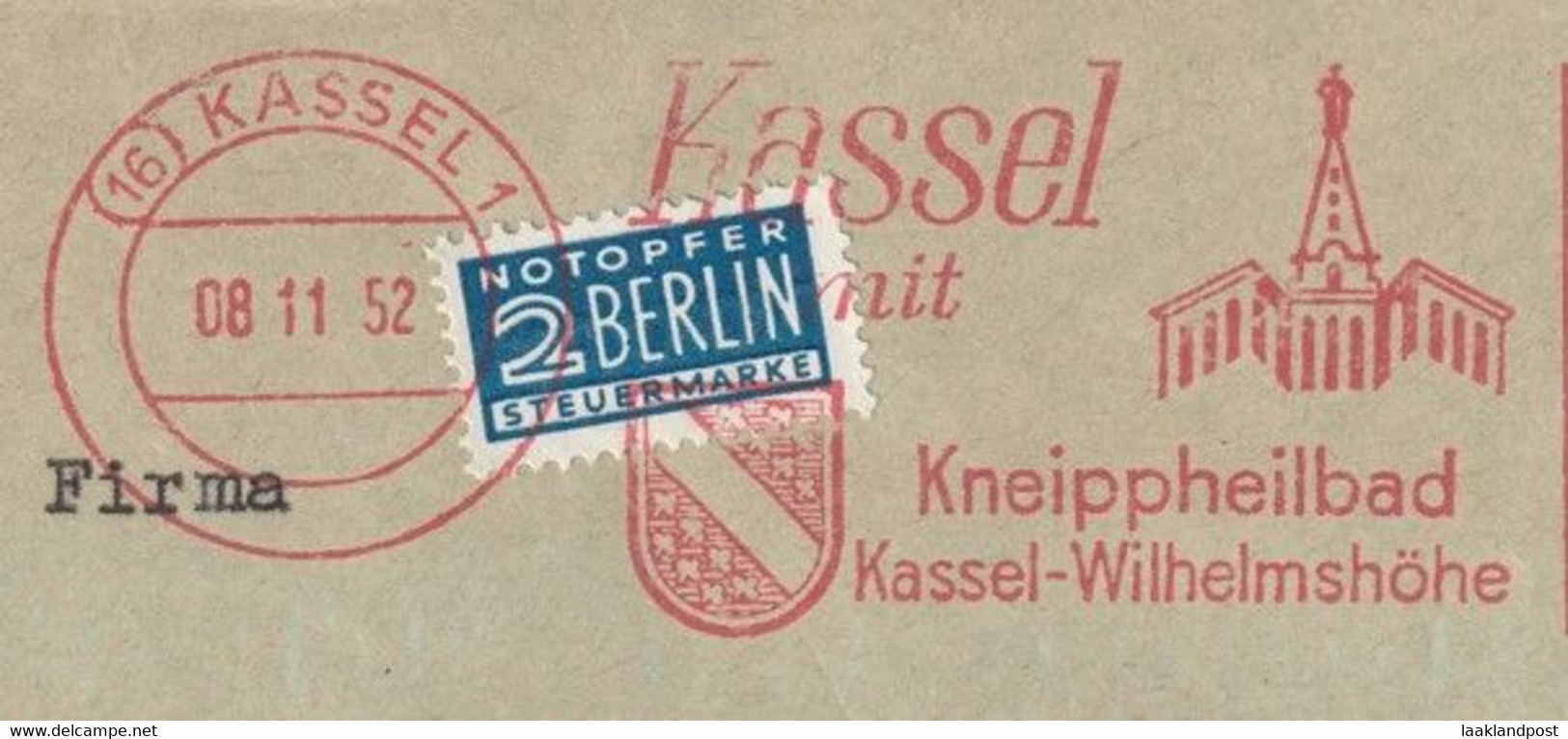 BRD Nice Cut Meter Kneippheilbad Kassel-Wilhelshohe, Kasel 8/11/1952 Notopfer Berlin Steuermark - Hydrotherapy