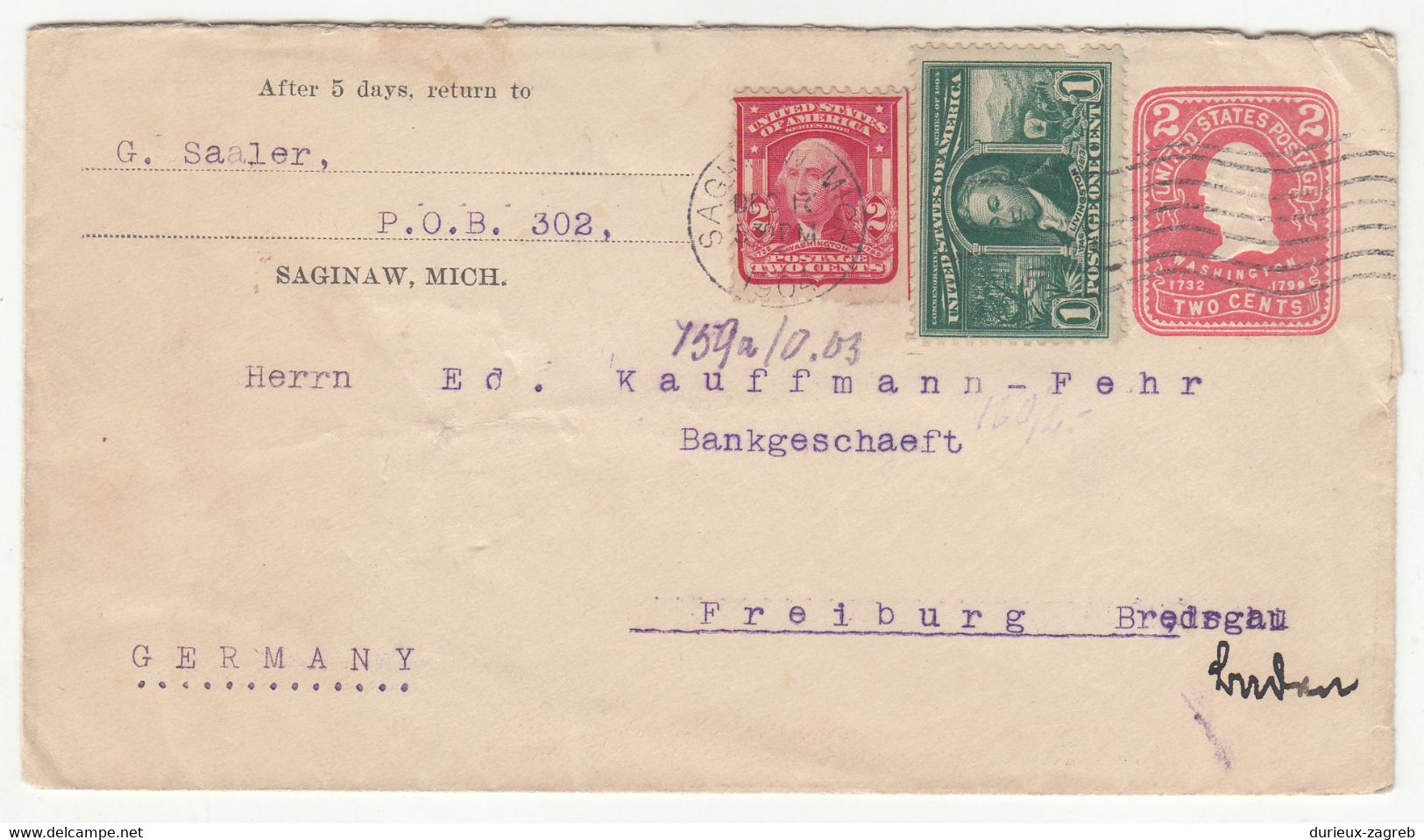 US Postal Stationery Letter Cover Posted 1904 Saginaw To Germany - Uprated B221201 - 1901-20