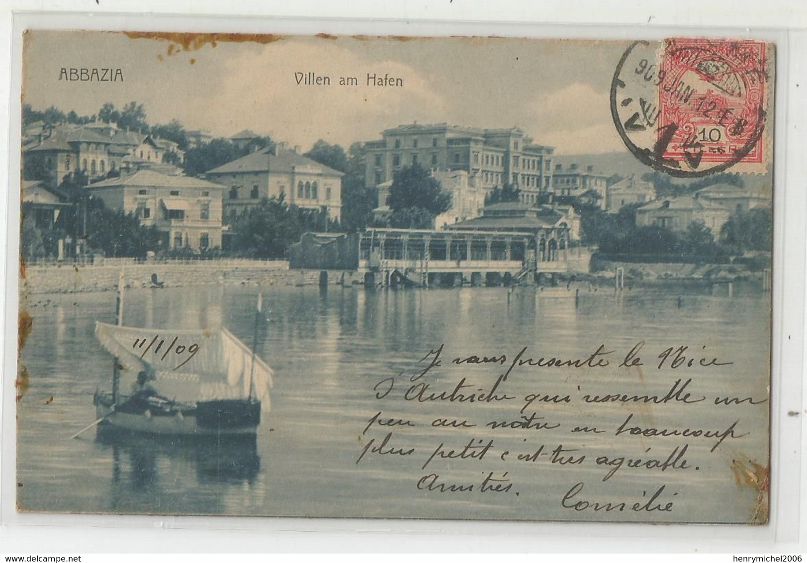 Croatie Abbazia Villen Am Hafen 1912 Barque Voilier Originale ( En L'état ) - Croatia