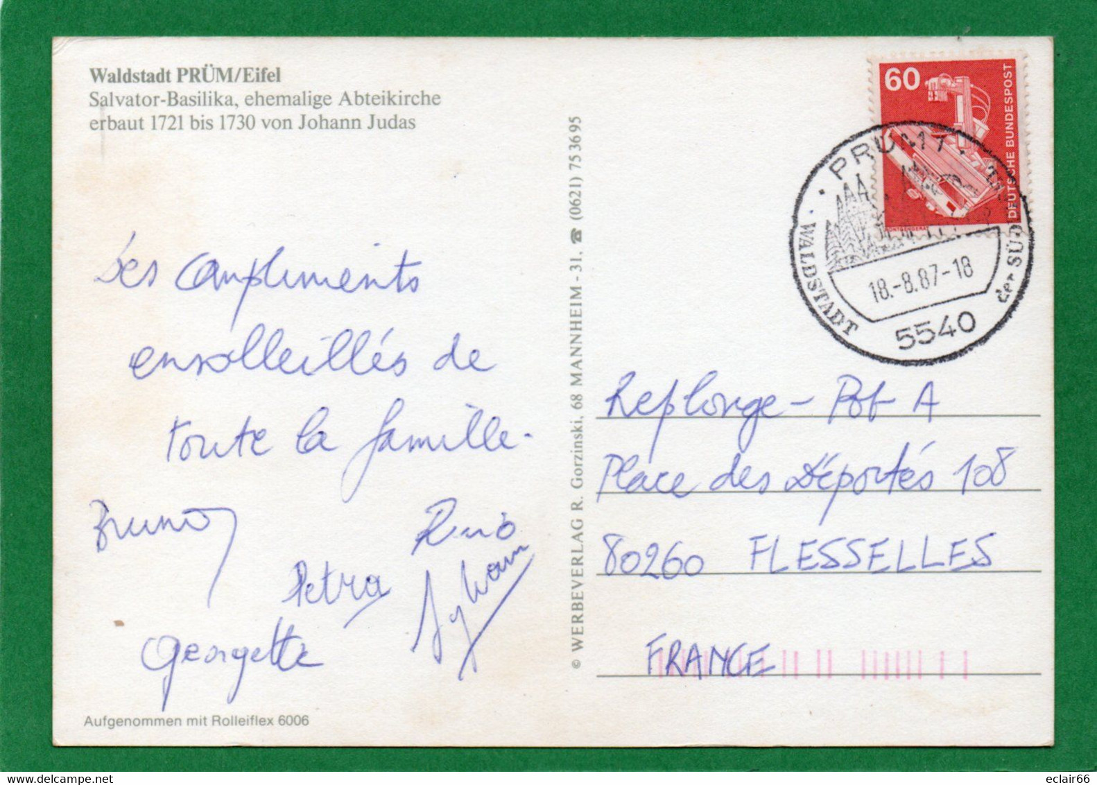 Prüm Ou Prume Ville D'Allemagne Au Nord-ouest Du Land De Rhénanie-Palatinat.située Dans L'Eifel,année 1987 Tampon - Pruem