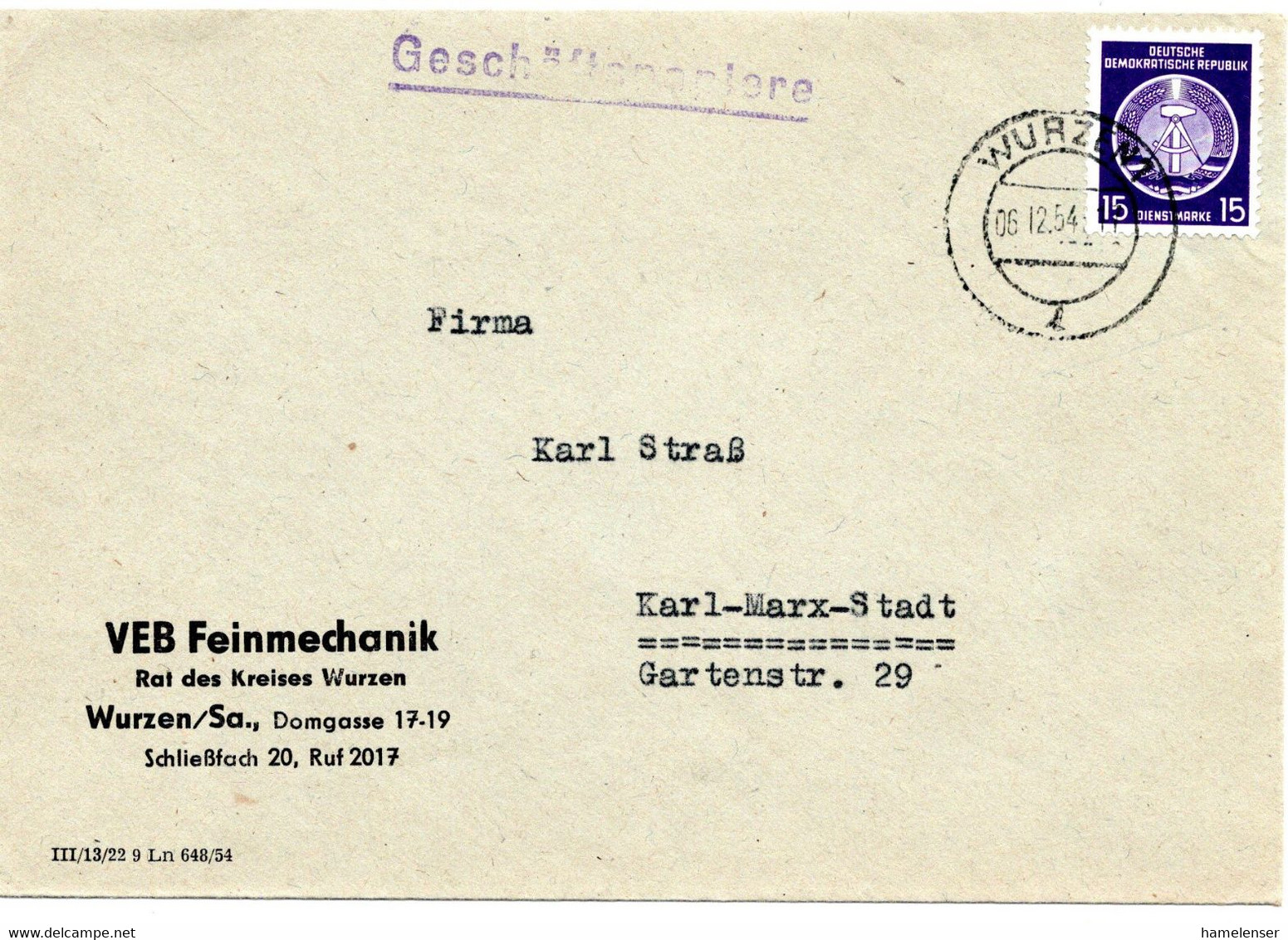 55564 - DDR - 1954 - 15Pfg Dienst Zirkel Links EF A GeschBf WURZEN -> Karl-Marx-Stadt - Briefe U. Dokumente