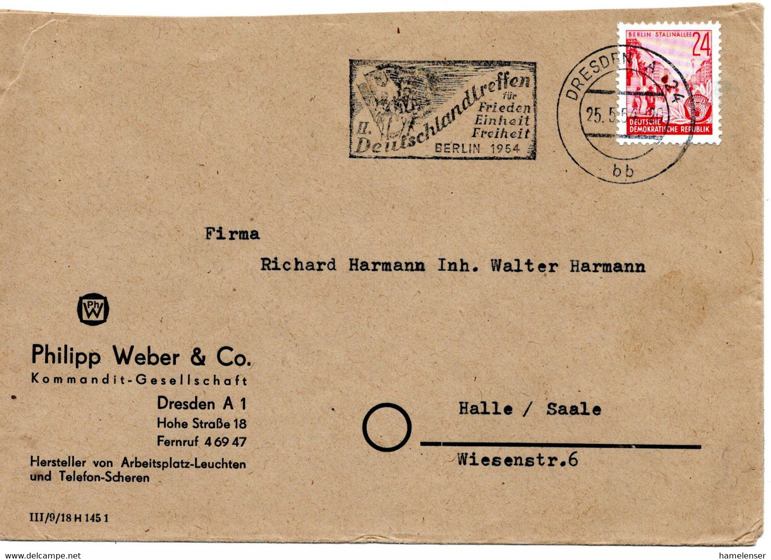 55567 - DDR - 1954 - 24Pfg Fuenfjahrplan EF A Bf DRESDEN - DEUTSCHLANDTREFFEN ... -> Halle - Covers & Documents