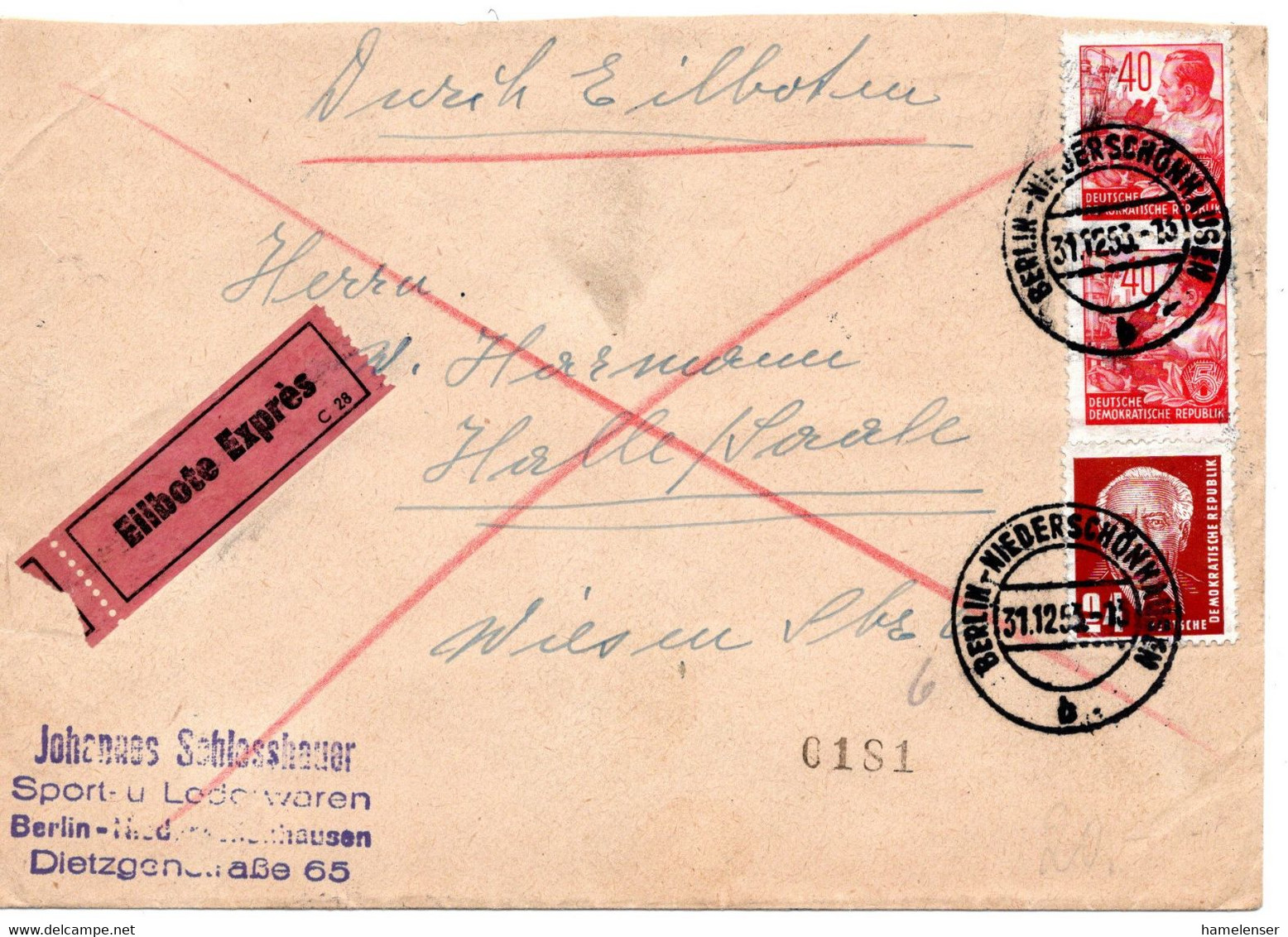 55568 - DDR - 1953 - 2@40Pfg Fuenfjahrplan MiF A EilBf BERLIN -> HALLE - Lettres & Documents