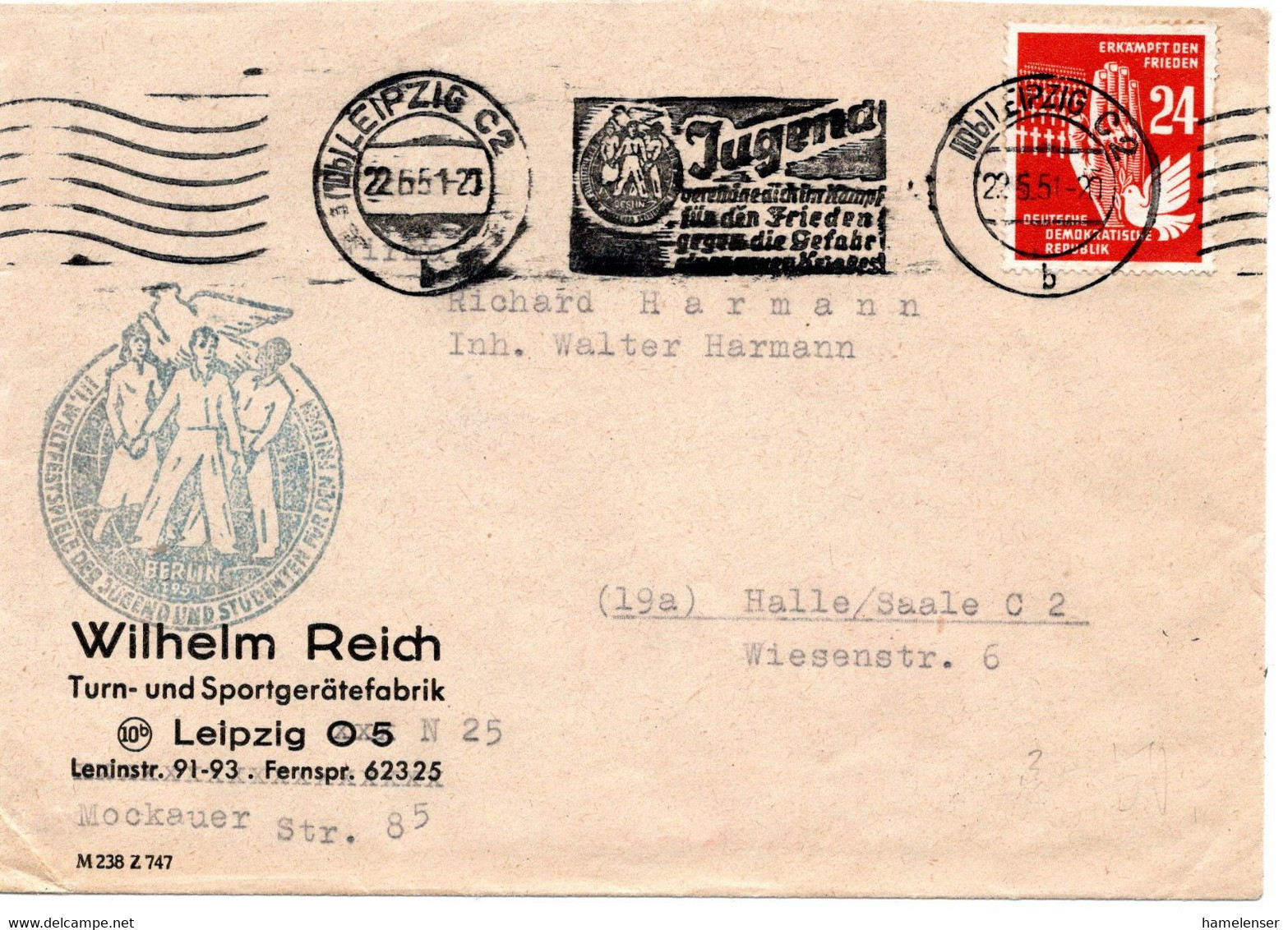 55577 - DDR - 1951 - 24Pfg Frieden EF A Bf LEIPZIG - III.WELTFESTSPIELE DER JUGEND ... -> Halle - Covers & Documents