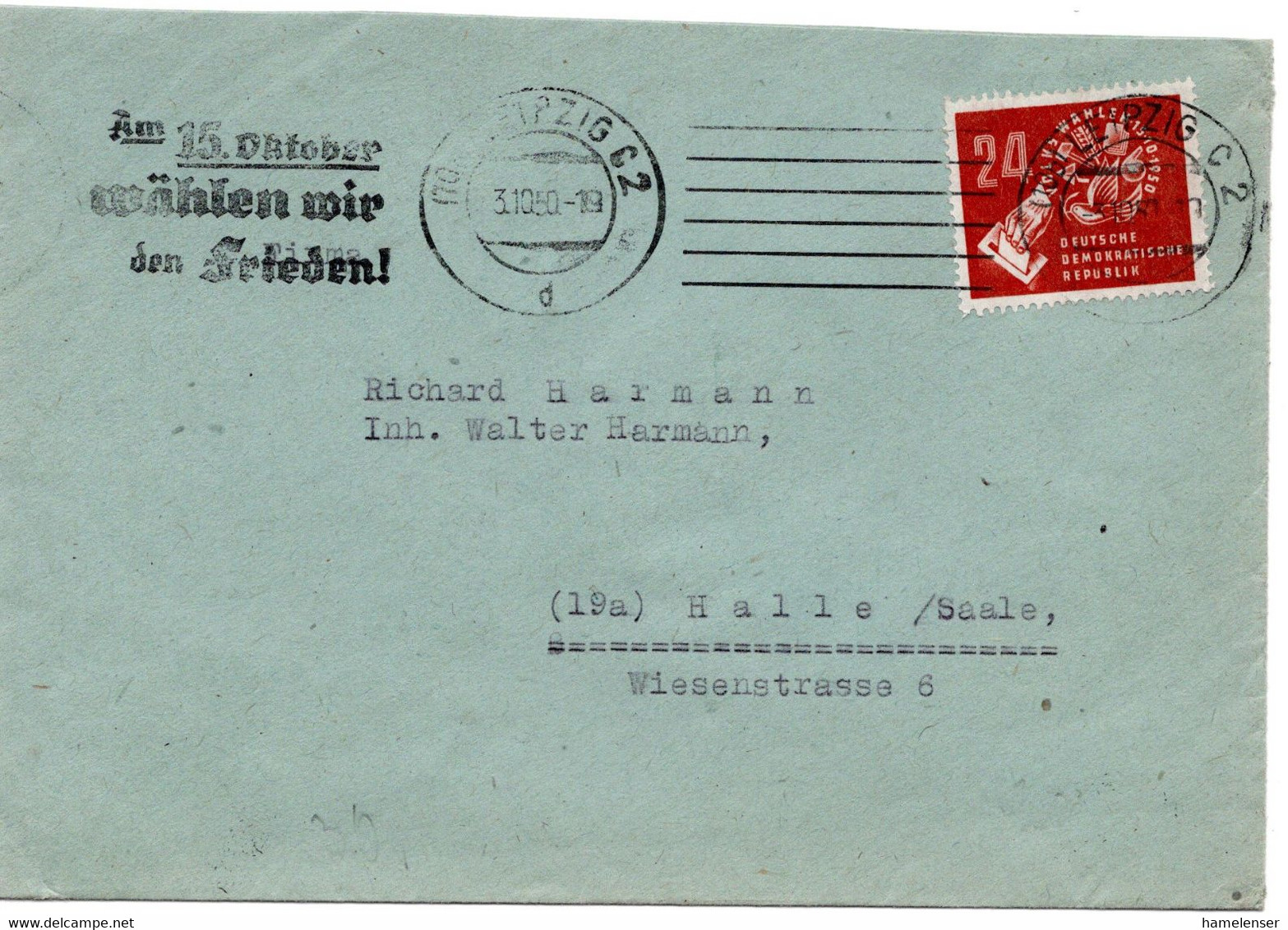 55578 - DDR - 1950 - 24Pfg Volkswahlen EF A Bf LEIPZIG - AM 15.OKTOBER WAEHLEN WIR DEN FRIEDEN -> Halle - Lettres & Documents