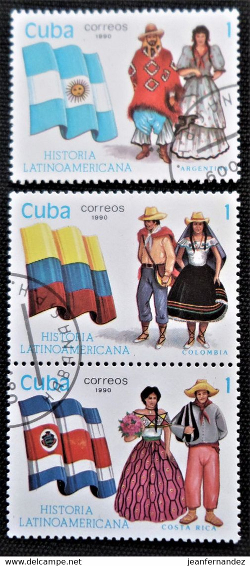 Timbres De  Cuba 1990 Latin-American History - Flags And Traditional Costumes  Y&T N° 3059_3062_3063 - Gebruikt