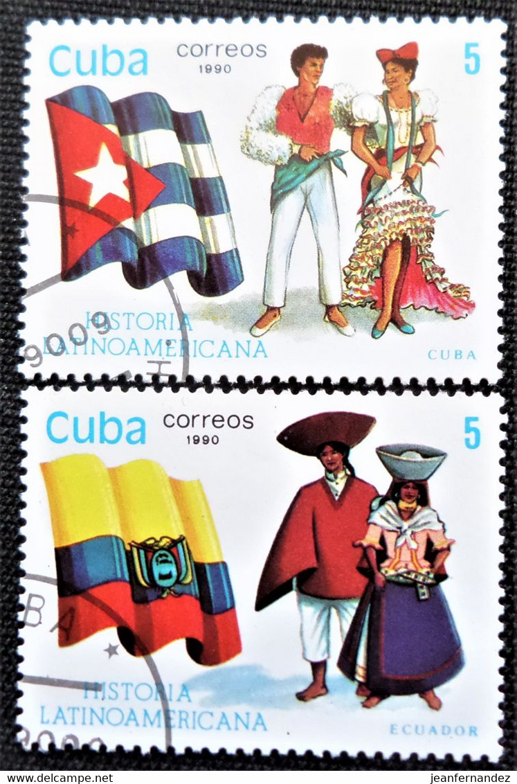 Timbres De  Cuba 1990 Latin-American History - Flags And Traditional Costumes  Y&T N° 3064 Et 3067 - Gebraucht