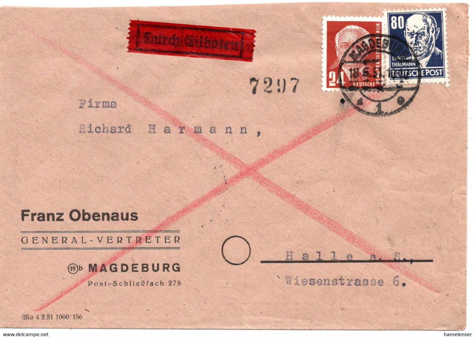 55582 - DDR - 1951 - 80Pfg Thaelmann MiF A EilBf MAGDEBURG -> HALLE - Lettres & Documents