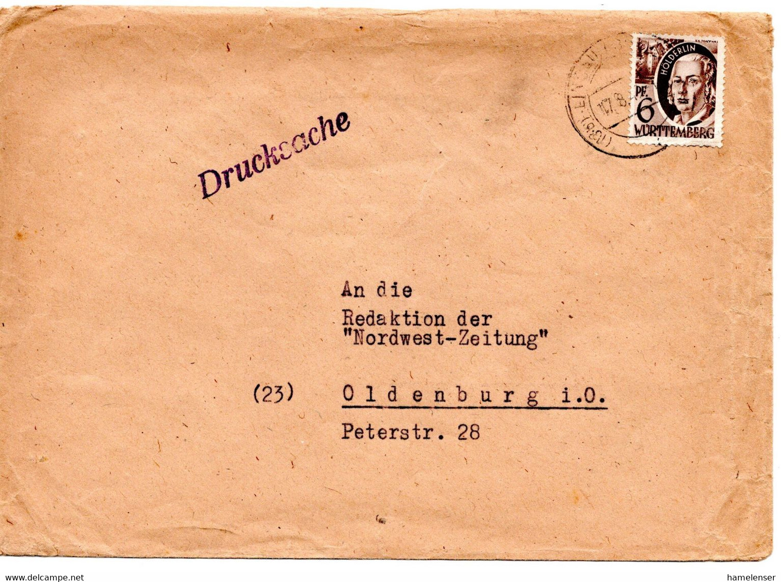 55585 - Frz.Zone / Wuerttemberg - 1949 - 6Pfg Hoelderlin EF A DrucksBf LINDAU -> Oldenburg - Sonstige & Ohne Zuordnung