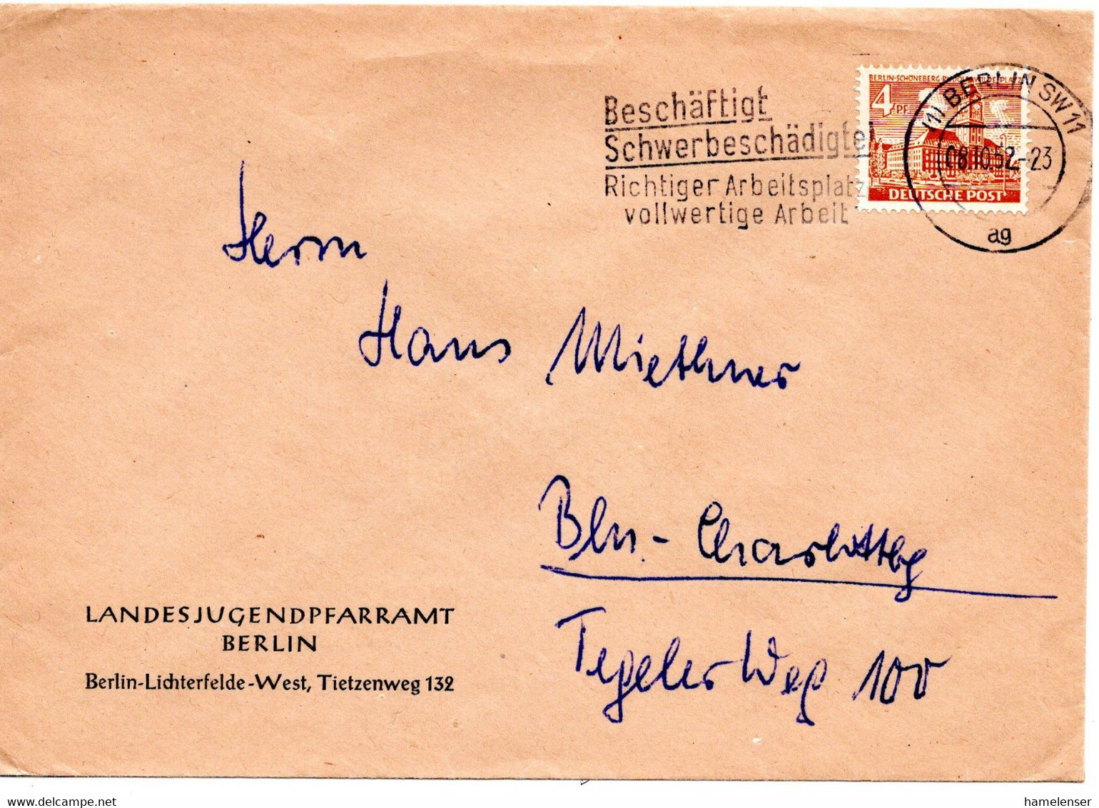 55593 - Berlin - 1952 - 4Pfg Bauten EF A OrtsDrucksBf BERLIN - BESCHAEFTIGT SCHWERBESCHAEDIGTE ... - Behinderungen