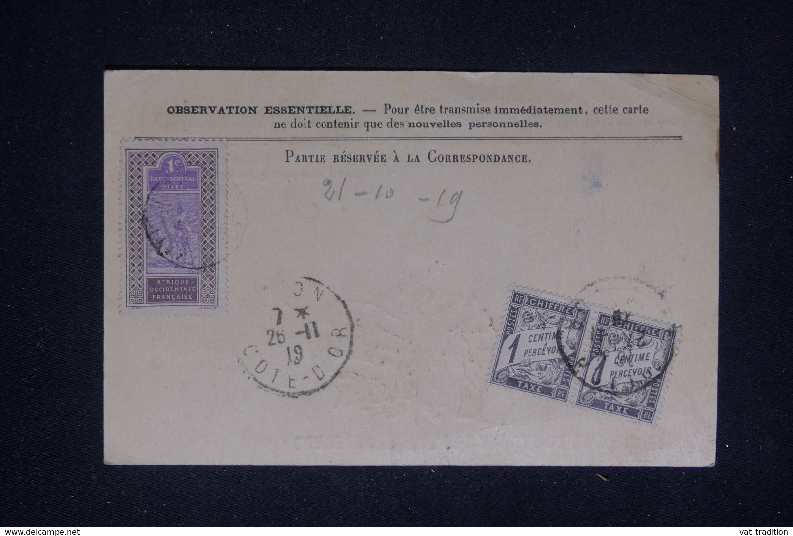 HAUT SÉNÉGAL ET NIGER - Carte FM Avec Affranchissement De Kati Pour Dijon En 1919 Avec Taxes De Dijon Au Dos - L 134839 - Brieven En Documenten