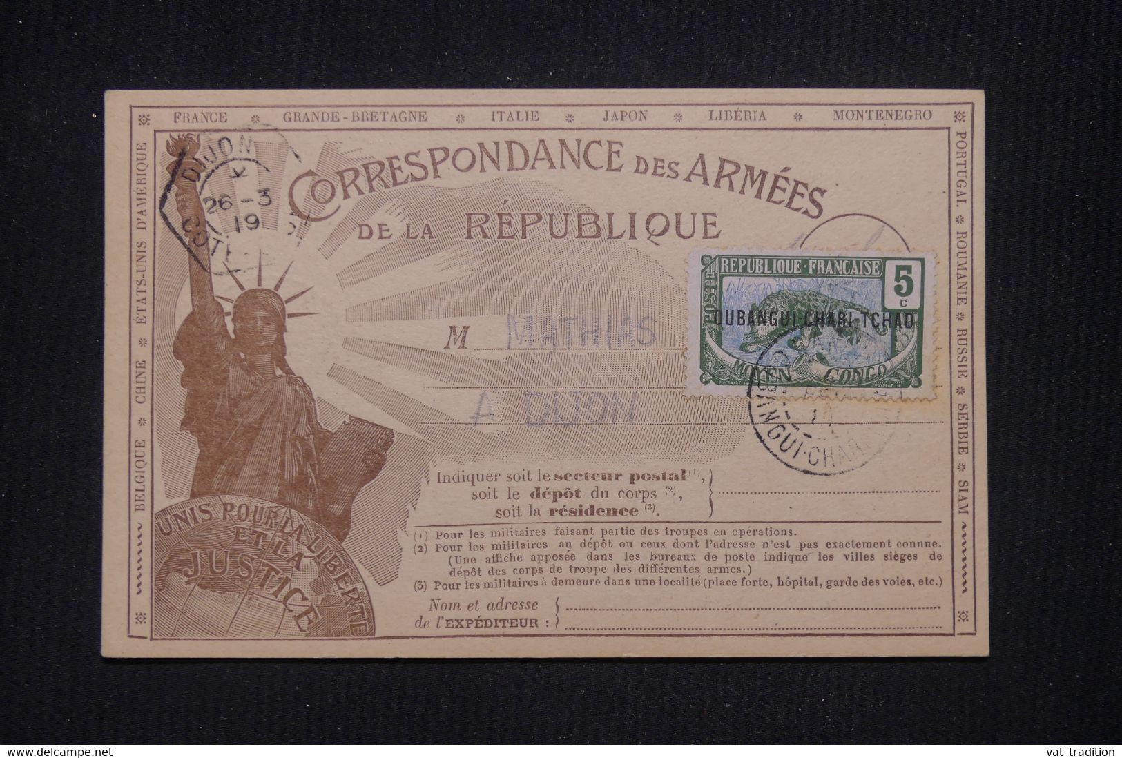 OUBANGUI CHARI - Affranchissement Panthères De Bangui Sur Carte FM Pour Dijon En 1919  - L 134841 - Lettres & Documents
