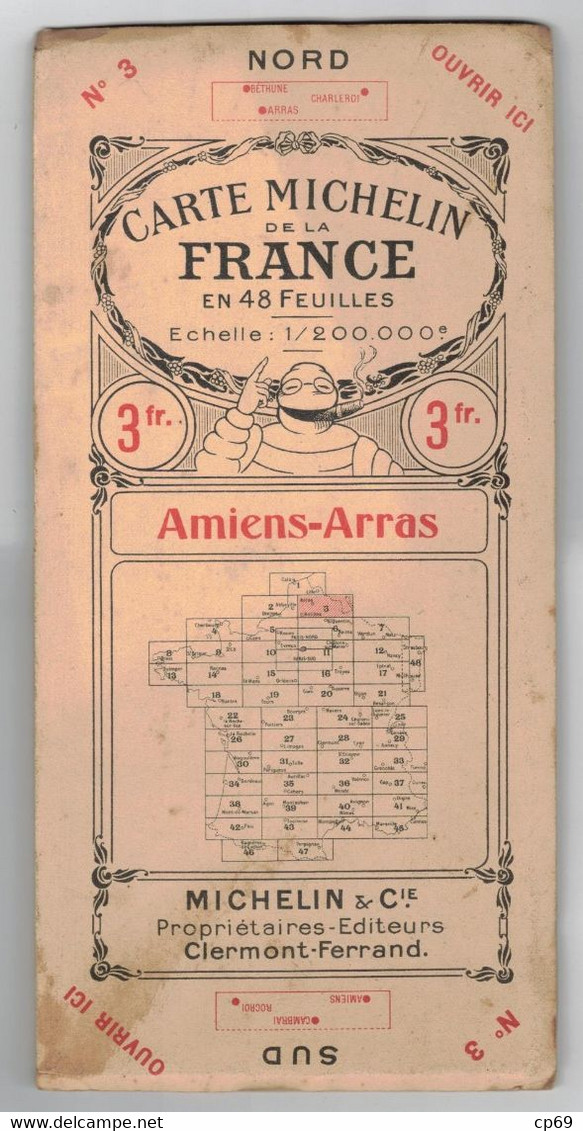 Ancienne Carte Routière Michelin Nord AMIENS-ARRAS N°3 Michelin & Cie ... Clermont-Ferrand Pneu Bibendum Caoutchouc B.E - Carte Stradali