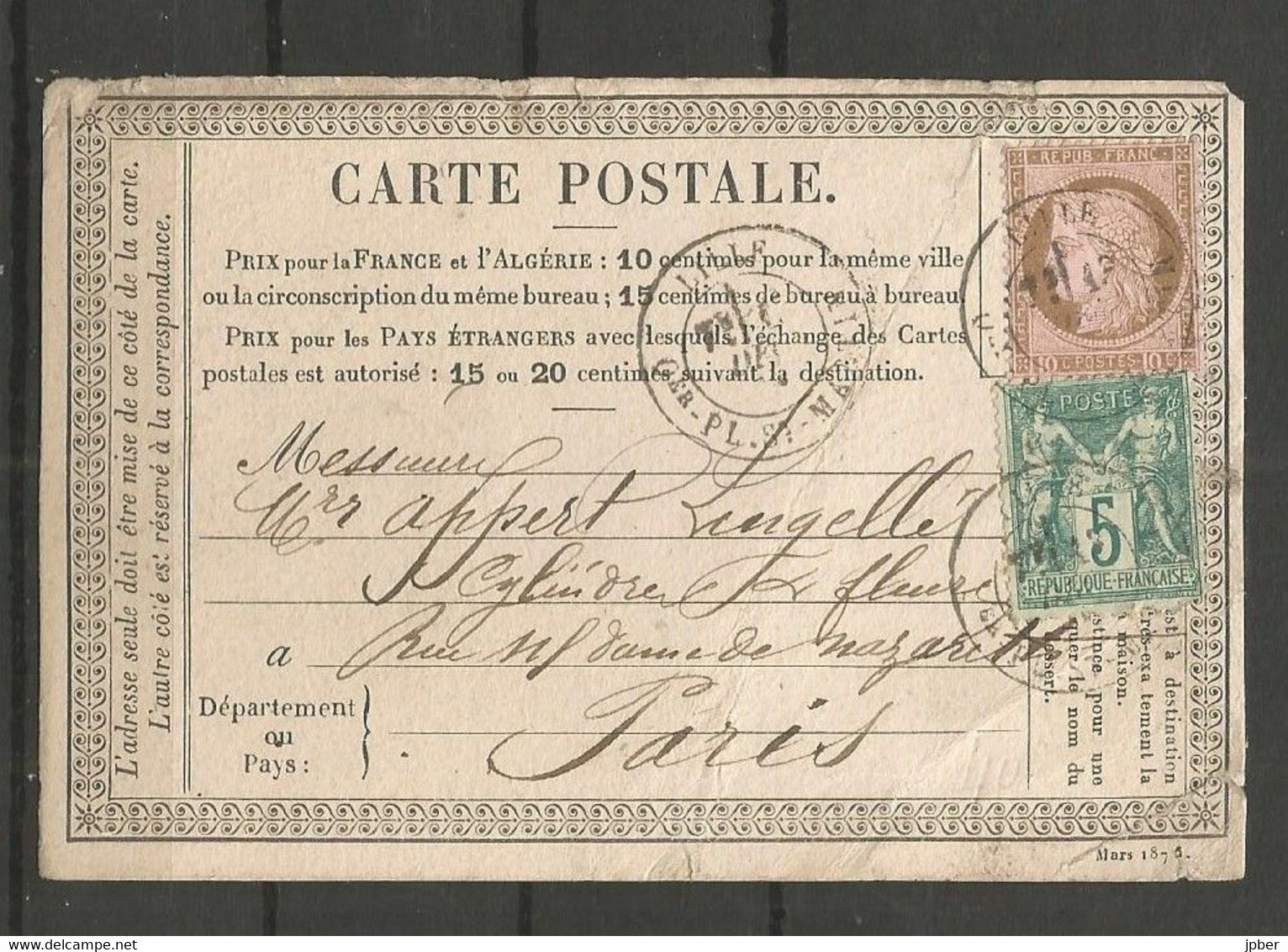 France - Type Sage - N°64 + Cérès N°54 Sur Carte De LILLE (Gde Place St Martin) Vers Paris Du 13/12/1874 - 1876-1878 Sage (Typ I)