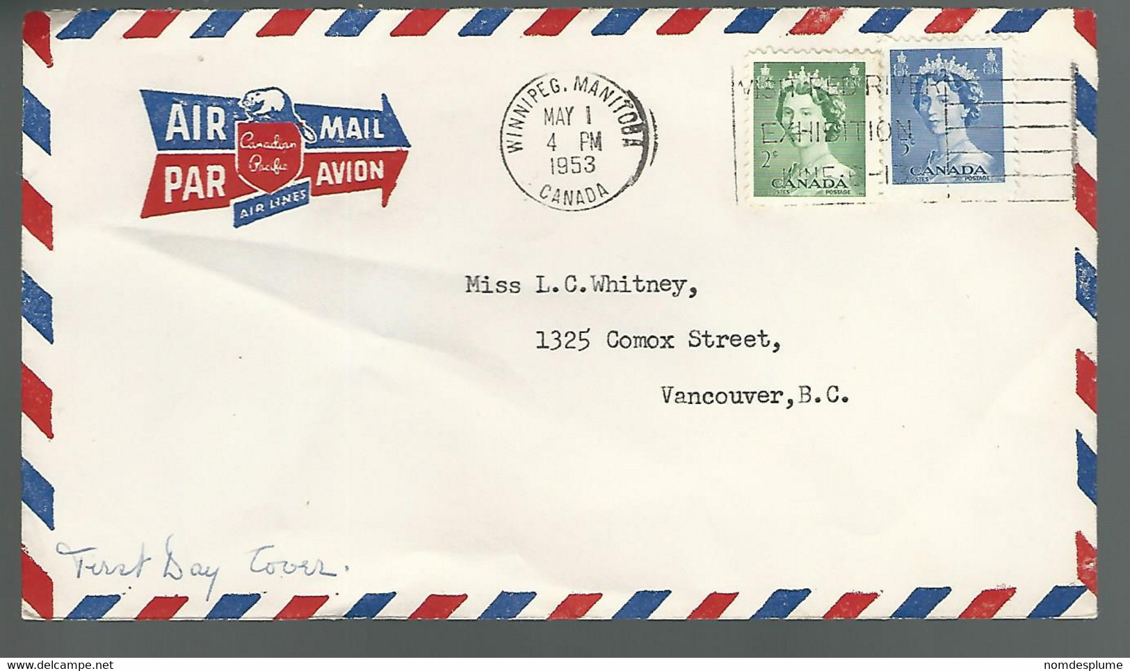 59562) Canada Airmail FDC Postmark Cancel Winnipeg1953 - 1952-1960