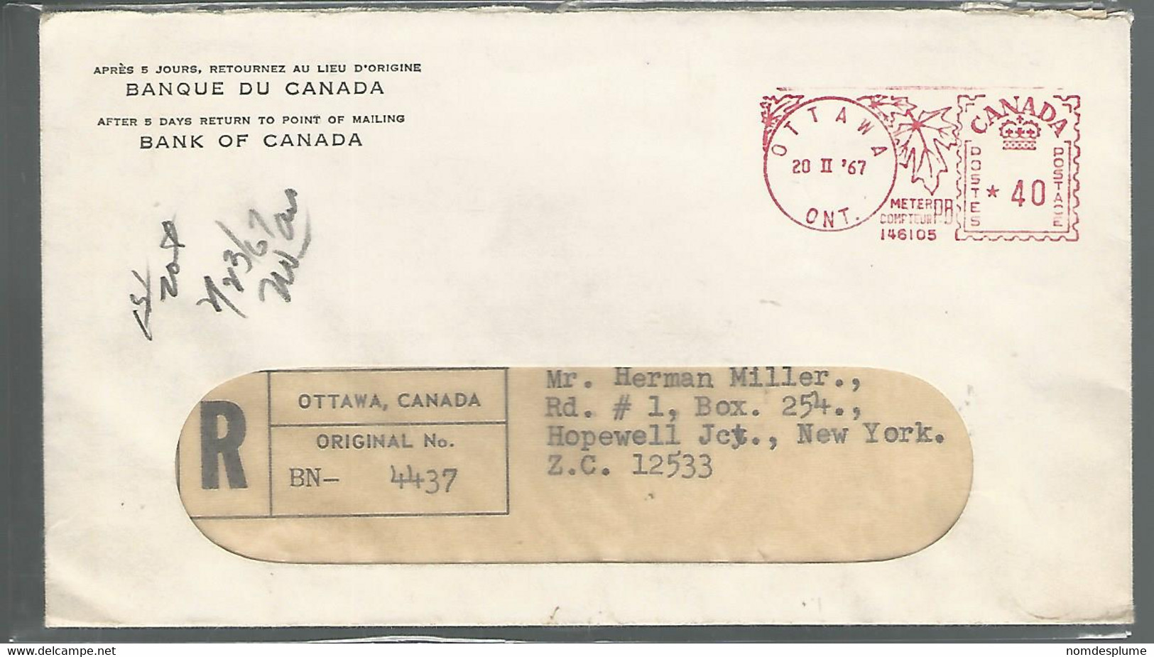 59569) Canada Registered Postmark Cancel Ottawa1967 - Raccomandate