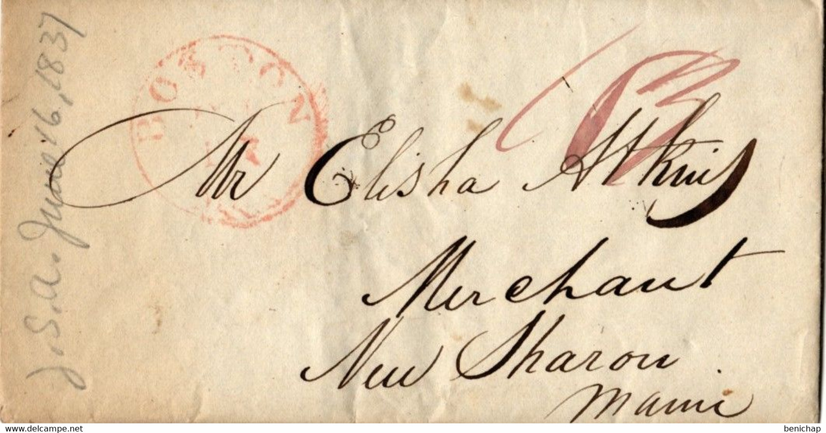 (R55) USA Préphilatélie - Stampless 18 3/4 Cts Rate - Boston To New Sharon (Maine) - 1837. - …-1845 Préphilatélie