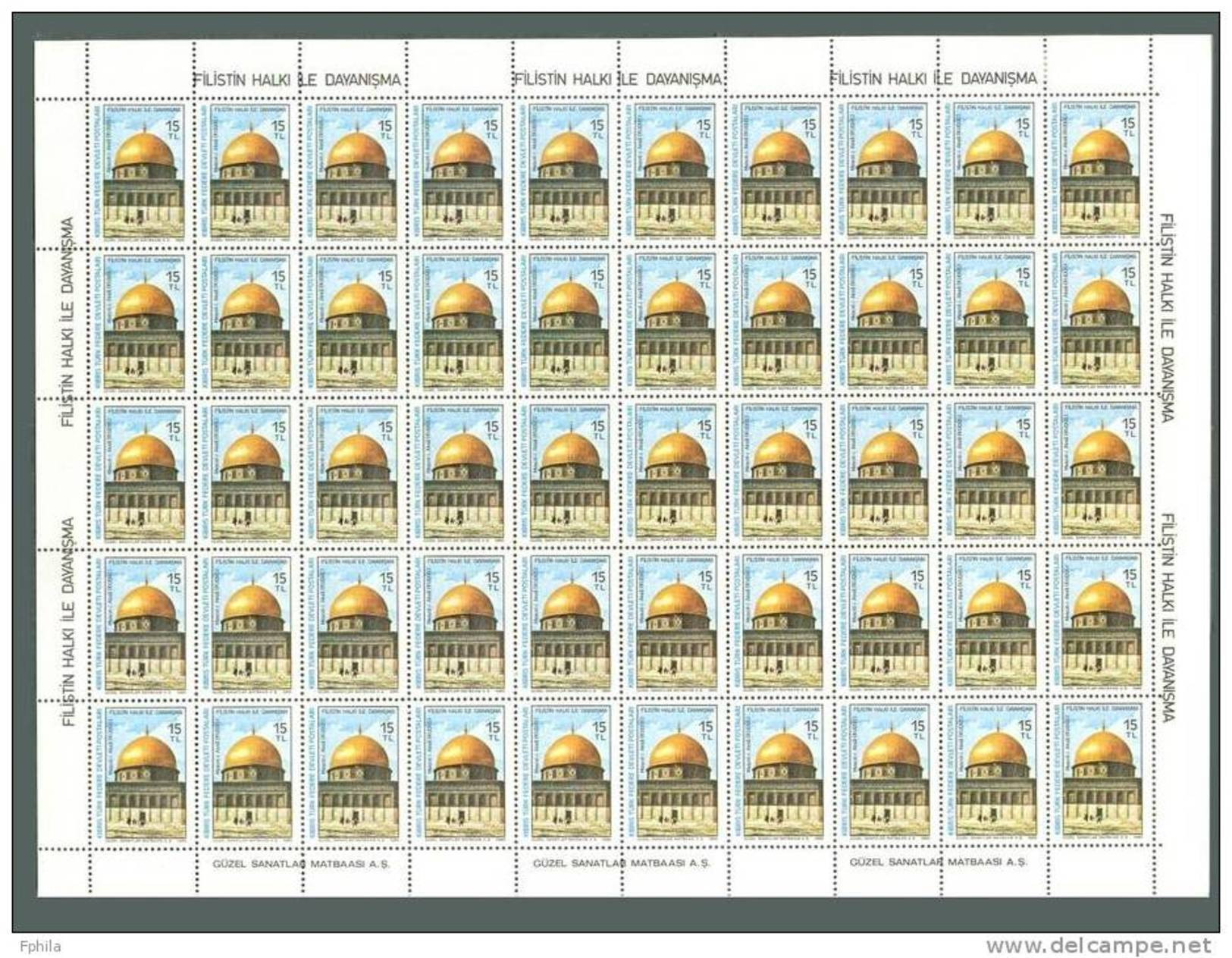 1980 NORTH CYPRUS SOLIDARITY WITH THE PEOPLE OF PALESTINE X50 FULL SHEET MICHEL: 93 MNH ** - Moschee E Sinagoghe