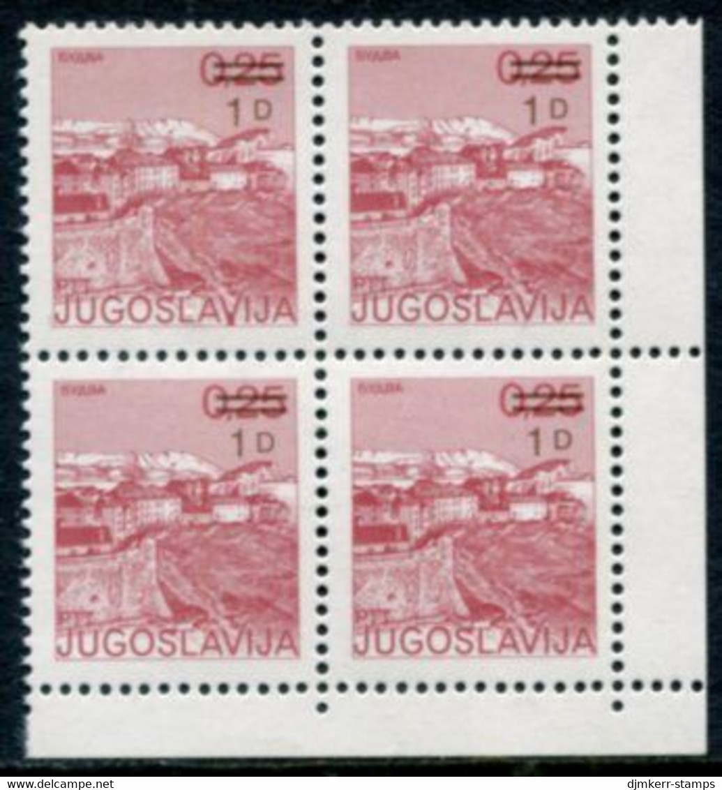 YUGOSLAVIA 1985 Surcharge 1 D / 0.25 D. With Constant Flaw "thick Base To V" In Block Of 4 MNH / **.  Michel 2137 - Geschnittene, Druckproben Und Abarten