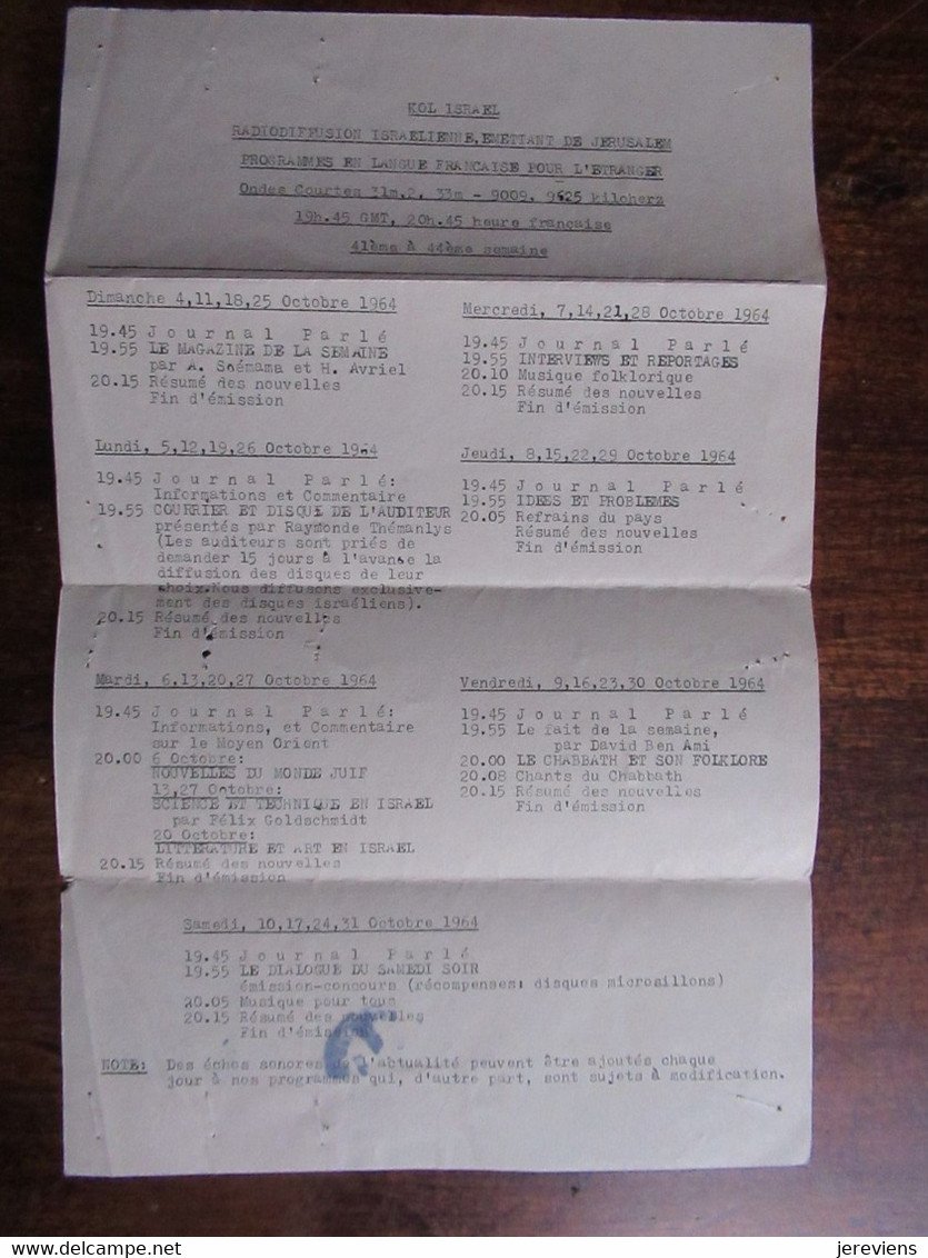 Programmes En Langue Francaise Radiodiffusion Israelienne Emettant De Jerusalem 1964 - Other & Unclassified