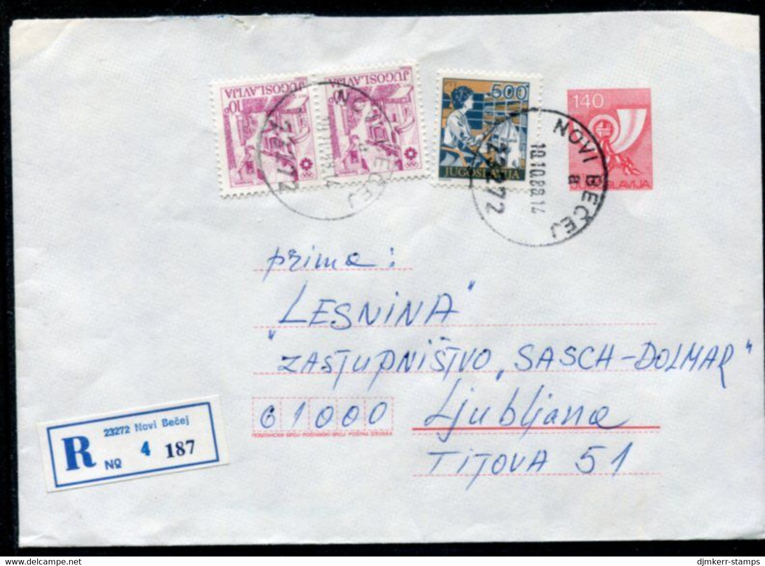 YUGOSLAVIA 1988 Posthorn 140 D.stationery Envelope Used With Additional Franking.  Michel U81 - Entiers Postaux