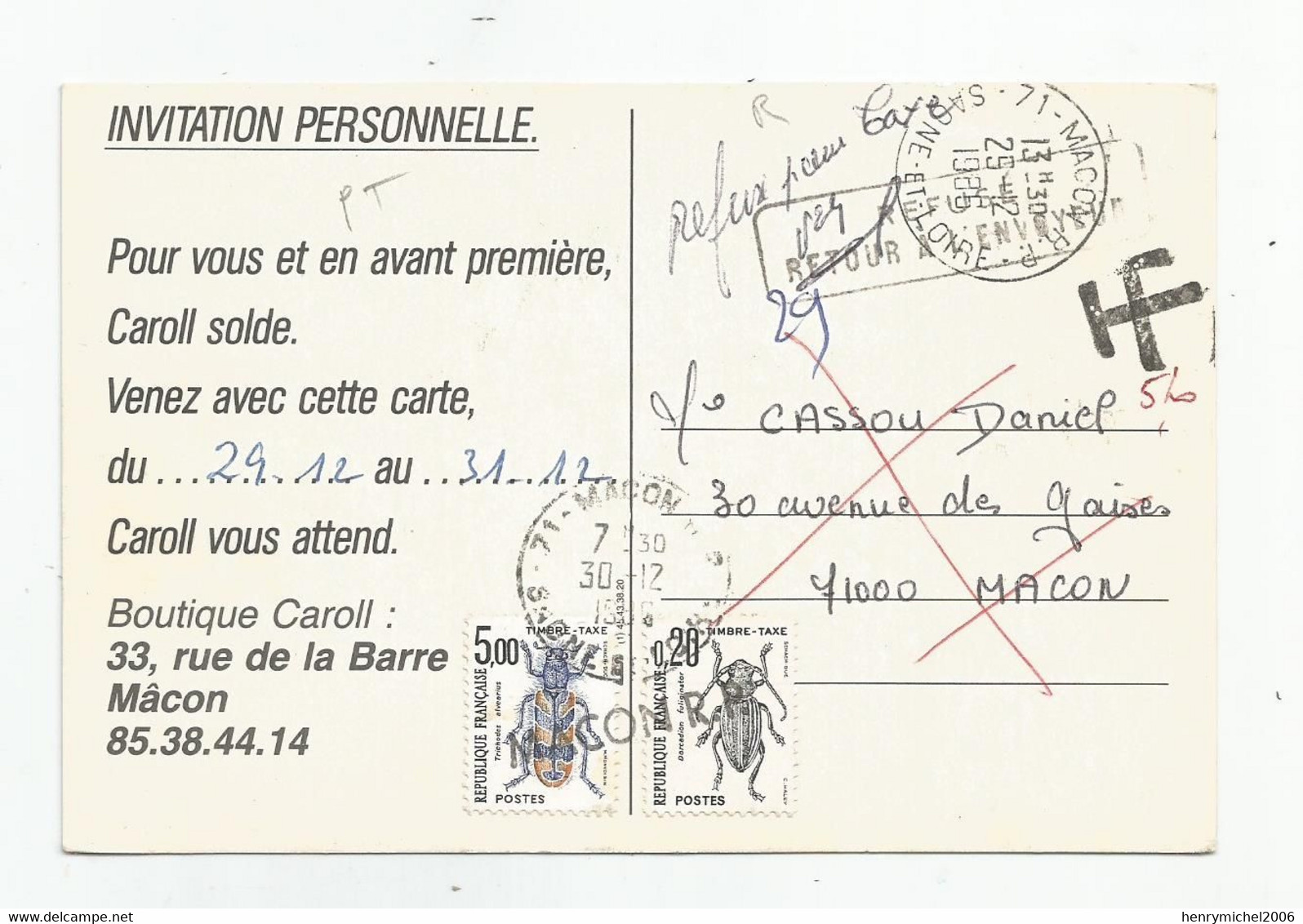 71 Macon Boutique Caroll 33 Rue De La Barre Magasin Mode Femme Carte Taxée Timbre Taxe 1986 Retour A L'envoyeur - Macon