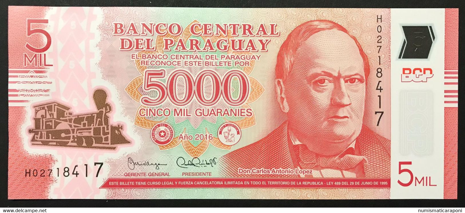 PARAGUAY 2016 5,000 5000 GUARANIES POLYMER P#234a UNC DON CARLOS ANTONIO LOPEZ Lotto.4181 - Paraguay