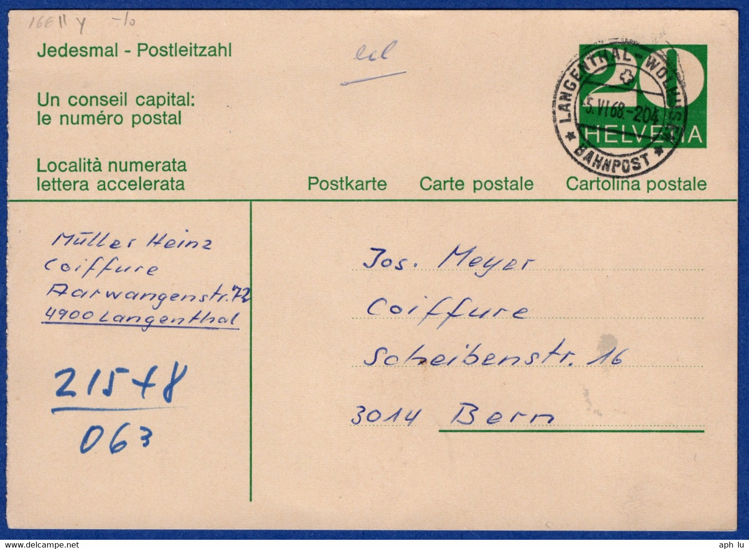 86G/14: "LANGENTHAL - WOLHUSEN / * BAHNPOST *"  (BP0037) - Railway