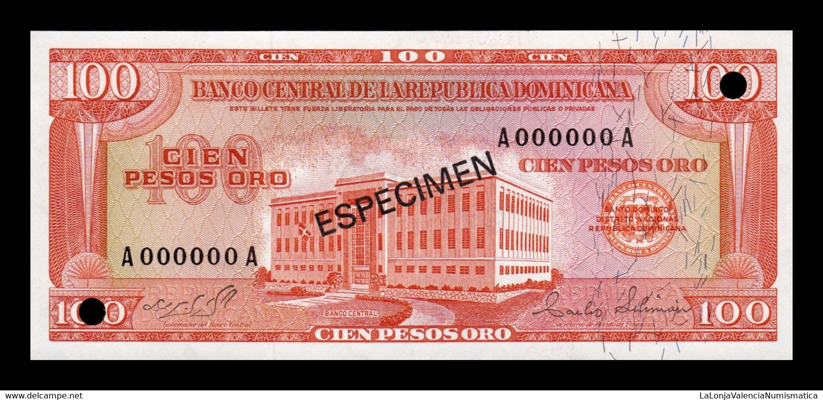 República Dominicana 100 Pesos Oro 1973 Pick 104As(4) Specimen SC UNC - Dominicaine