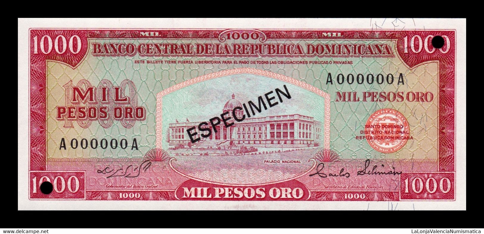 República Dominicana 1000 Pesos Oro 1974 Pick 106As(2) Specimen SC UNC - Dominicaine