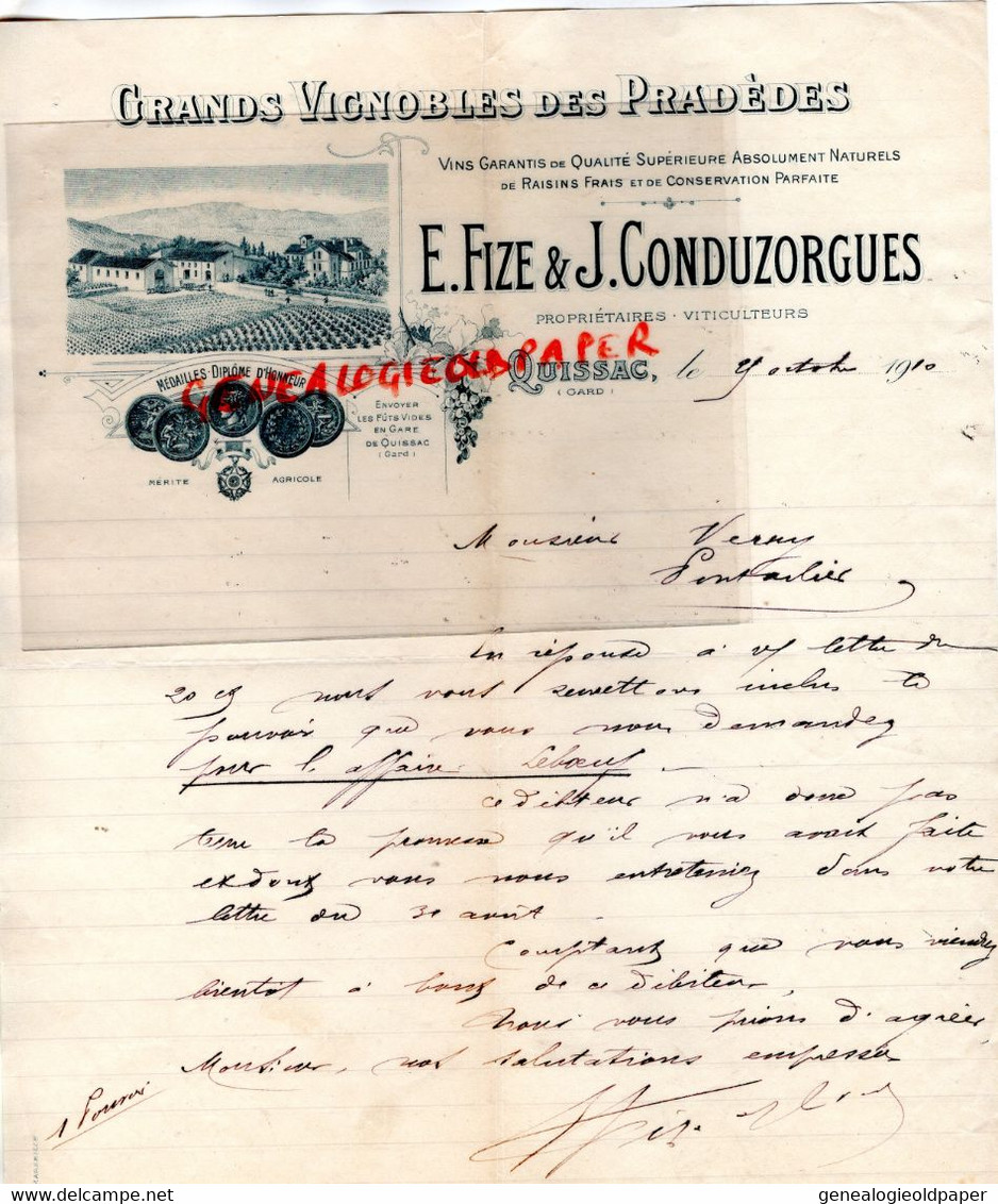 30- QUISSAC- RARE LETTRE MANUSCRITE E. FIZE & J. CONDUZORGUES-VITICULTEUR VIGNOBLES DES PRADEDES-1910 - Lebensmittel