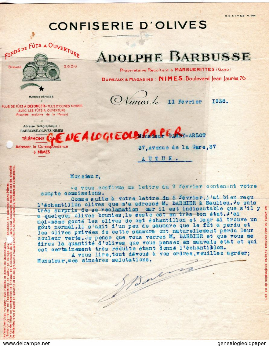 30- NIMES- MARGUERITTES- RARE LETTRE ADOLPHE BARBUSSE -CONFISERIE OLIVES-A GAMBY ARLOT AUTUN -1938 - Lebensmittel