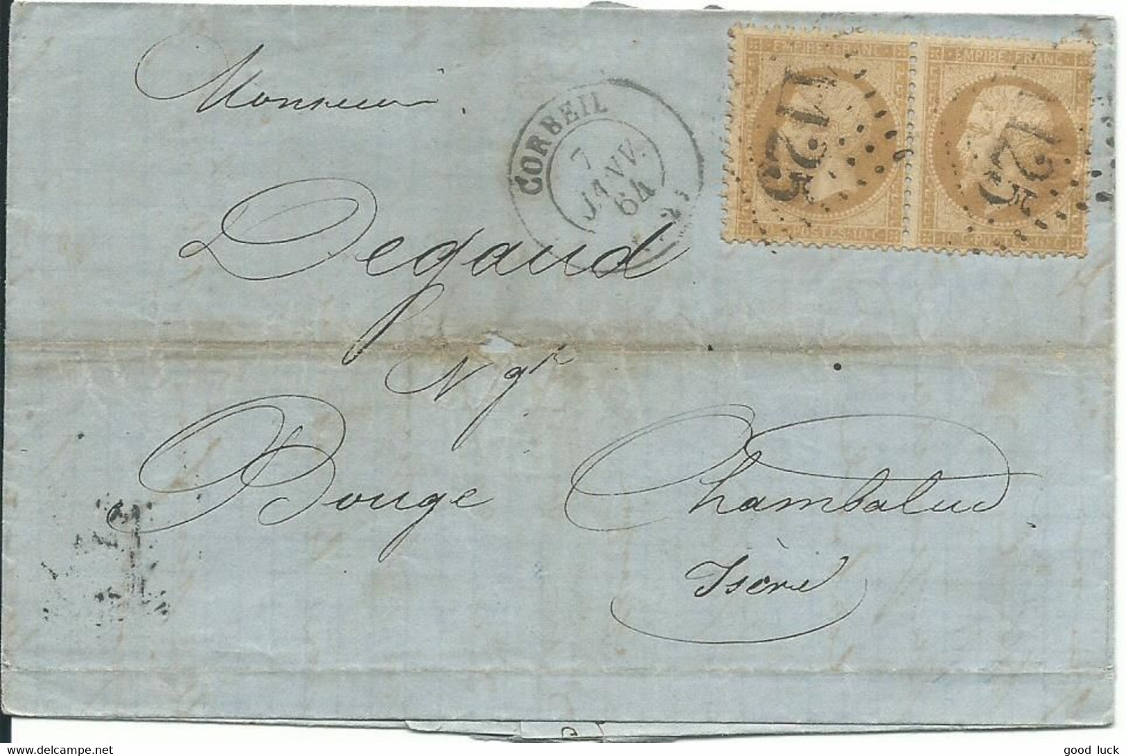 N° 21 ( X2 ) Obl. GC 1125 CORBEIL ( ESSONNE )  POUR BOUGE- CHAMBALUD ( ISERE ) DE 1864 LETTRE COVER - 1862 Napoleon III