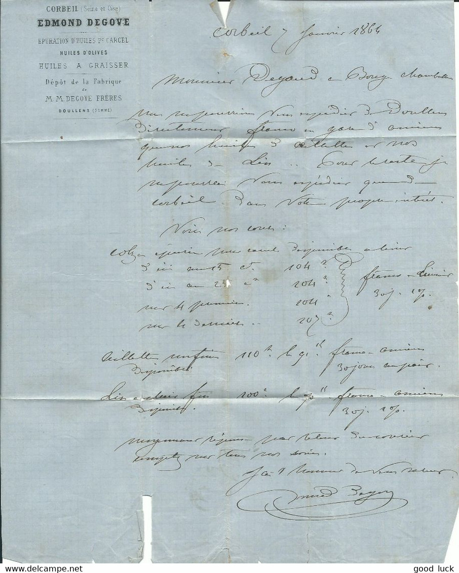 N° 21 ( X2 ) Obl. GC 1125 CORBEIL ( ESSONNE )  POUR BOUGE- CHAMBALUD ( ISERE ) DE 1864 LETTRE COVER - 1862 Napoleon III