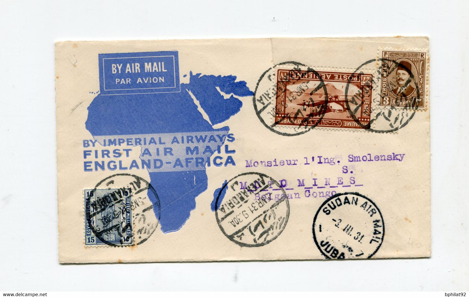 !!! EGYPTE, LETTRE PAR AVION D'ALEXANDRIE POUR LE CONGO BELGE DE 1931 - Briefe U. Dokumente