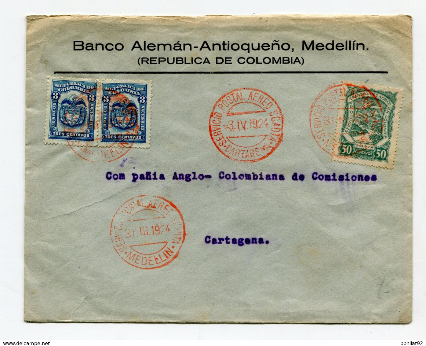 !!! COLOMBIE, LETTRE PAR AVION DE MEDELLIN POUR CARTAGENA  DE 1924 - Colombia