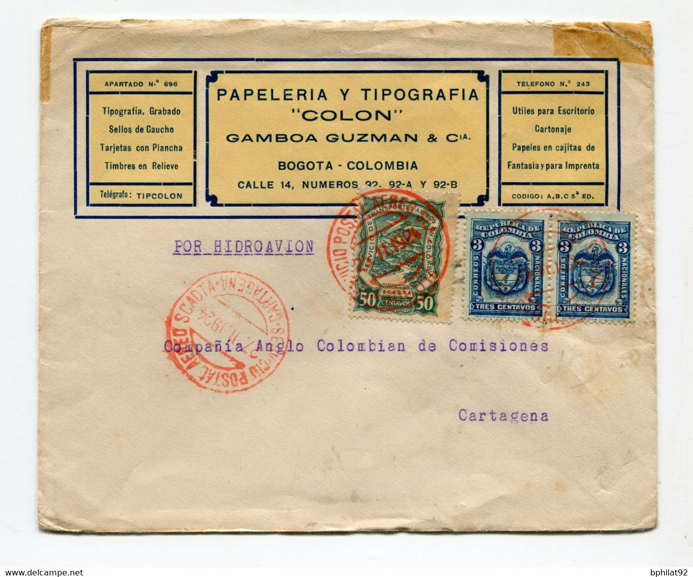 !!! COLOMBIE, LETTRE PAR AVION DE BOGOTA DE 1924 POUR CARTAGENA - Colombia