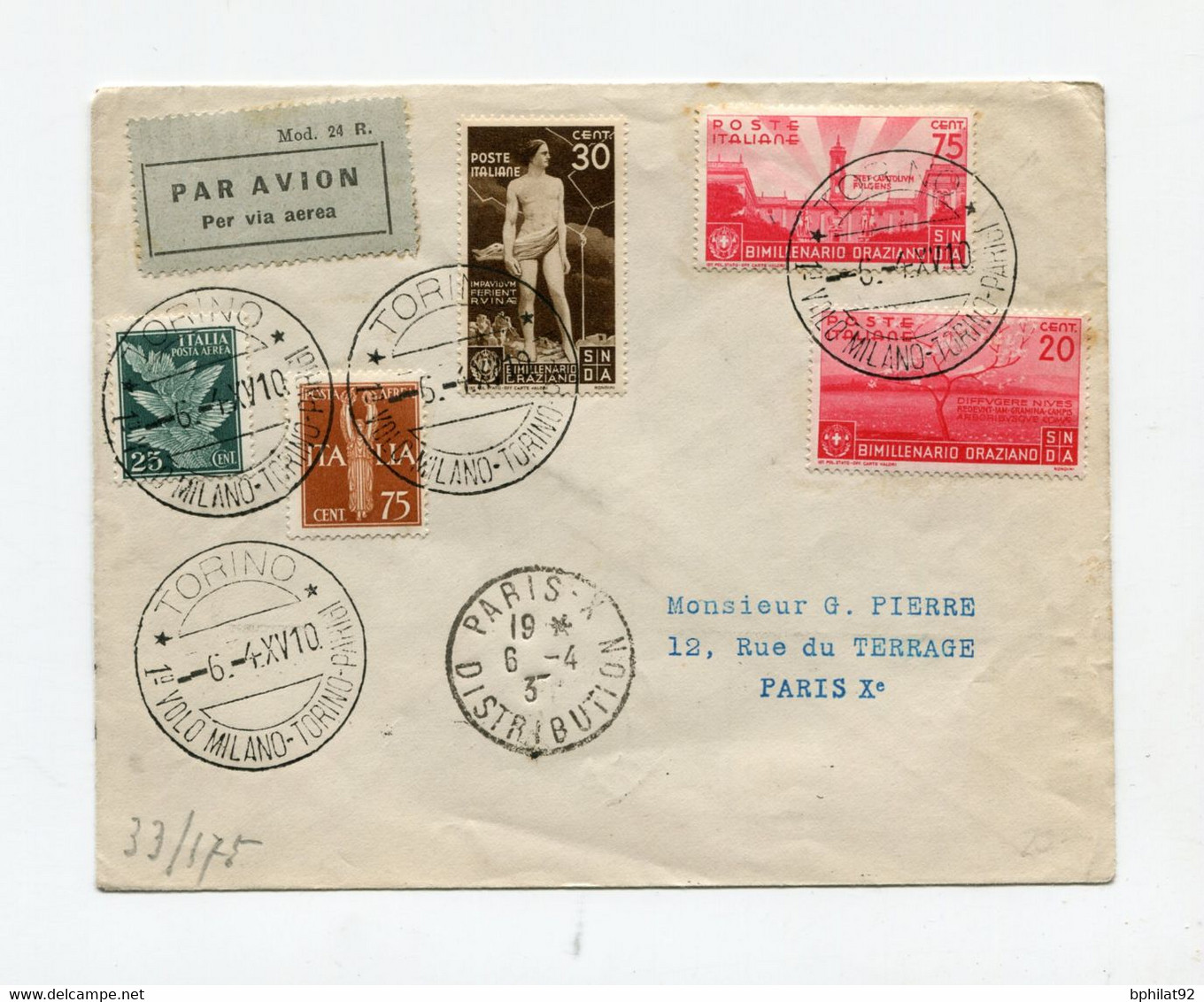 !!! ITALIE, LETTRE PAR AVION DE TURIN POUR PARIS DE 1937 - Storia Postale (Posta Aerea)