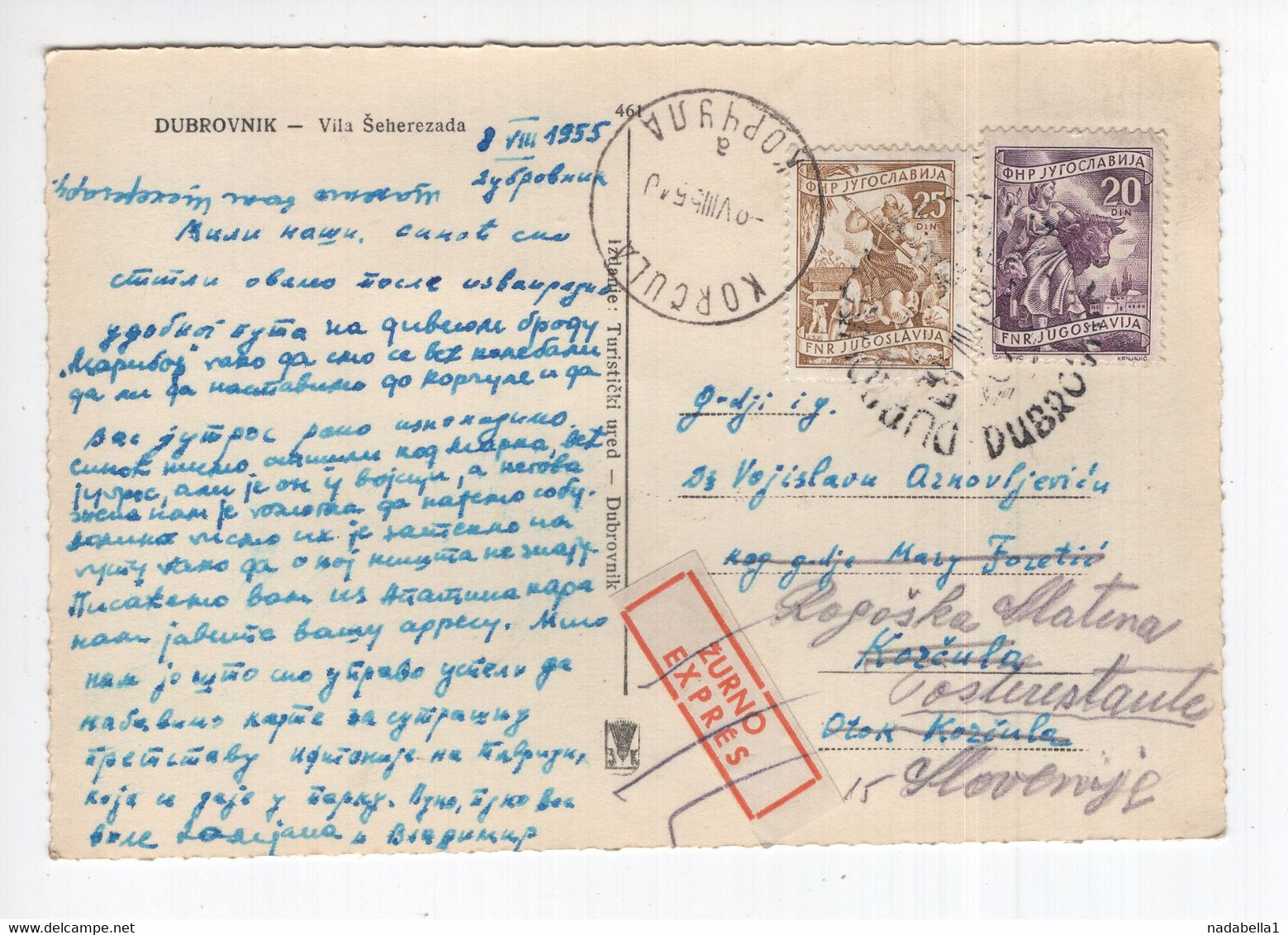 1955. YUGOSLAVIA,CROATIA,DUBROVNIK TO KORCULA,RESENTED RO ROGAŠKA SLATINA 10 + 5 DIN POSTAGE DUE APPLIED,POSTCARD - Postage Due