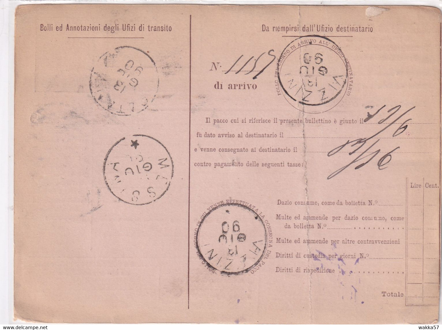 L96 - Regno Umberto Bullettino Bollettino Di Spedizione C.75 Da Milano 08/06/1890 A Vizzini (Catania) - Postpaketten