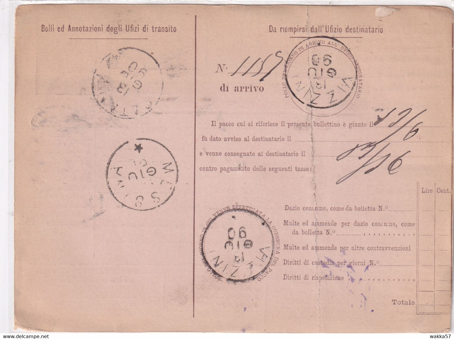 L96 - Regno Umberto Bullettino Bollettino Di Spedizione C.75 Da Milano 08/06/1890 A Vizzini (Catania) - Postal Parcels