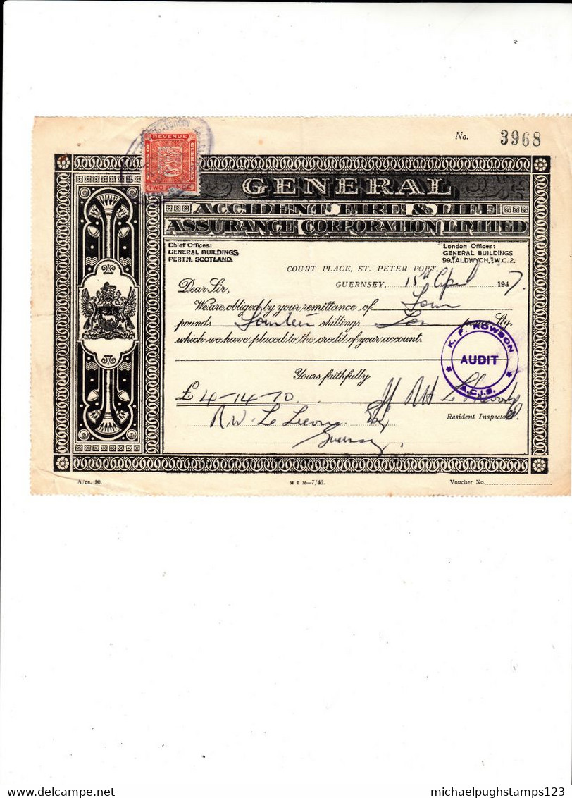 G.B. / Guernsey / Revenue Stamps + Documents / Insurance - Non Classés