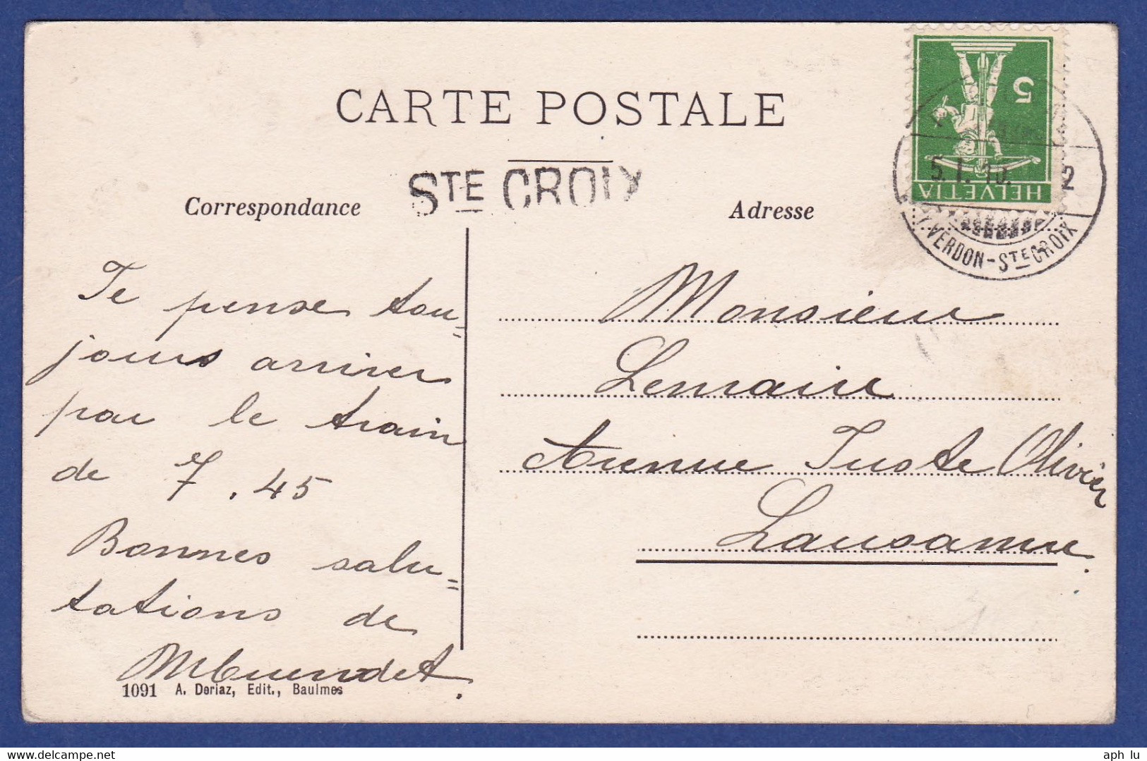 86E/9: Bahnpost "RÉGIONAL / YVERDON - STE CROIX", Stabstempel "STE CROIX"(BP0048) - Railway