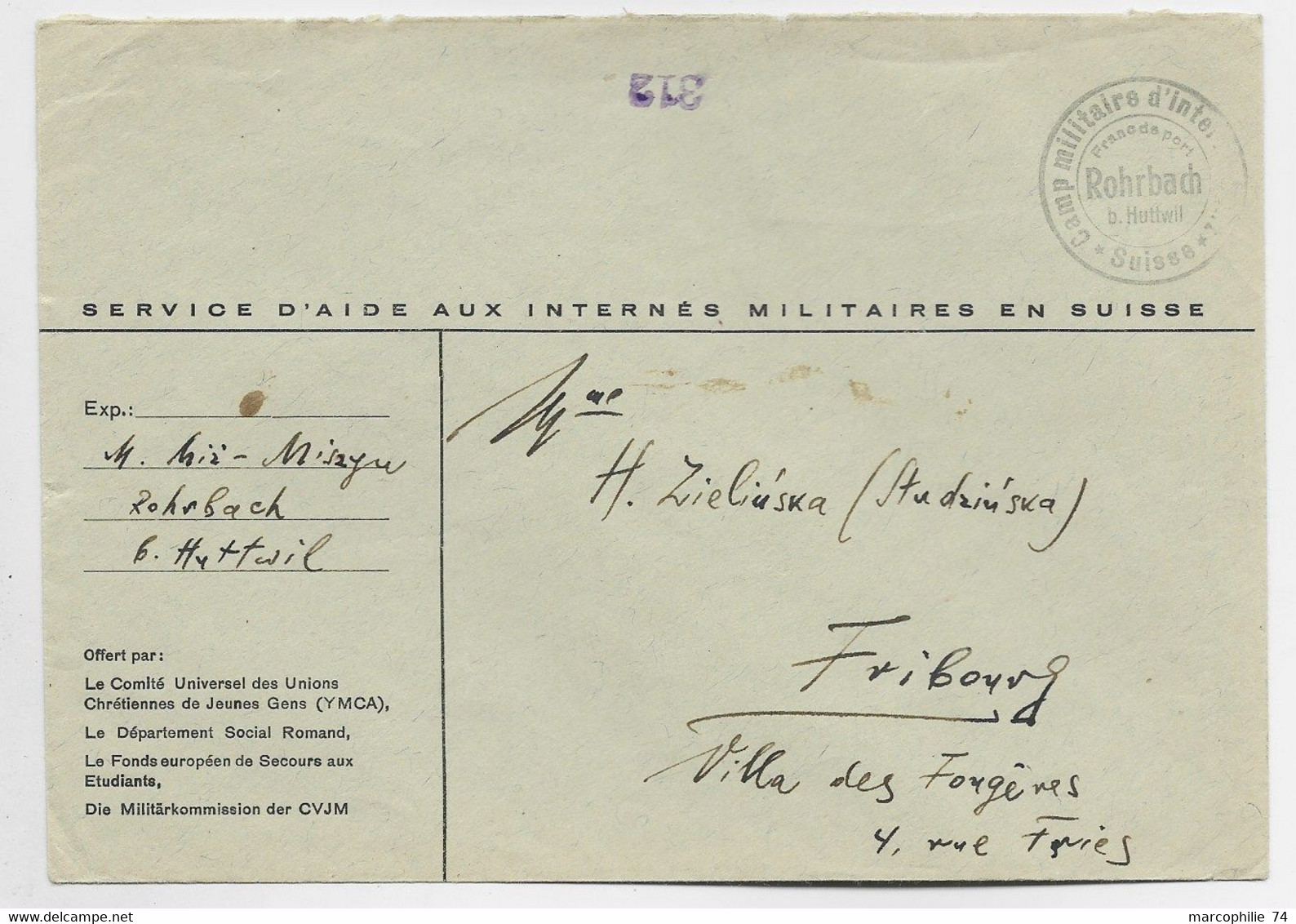 HELVETIA SUISSE LETTRE  ENTETE AIDE AUX INTERNES + CAMP MILITAIRE INTERNEMENT ROHRBACH  SUISSE - Poststempel