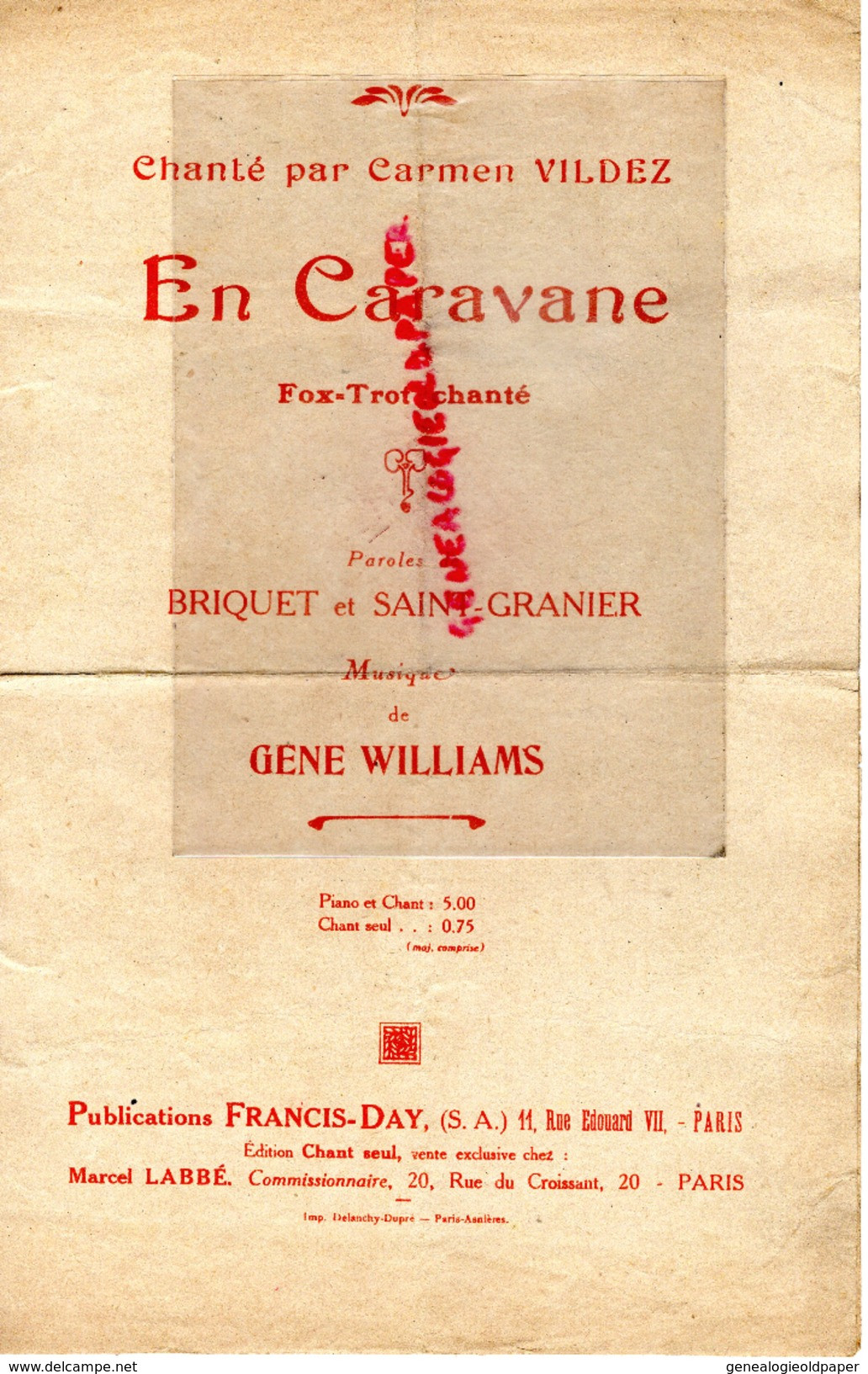 PARTITION MUSICALE- EN CARAVANE CHANTE PAR CARMEN VILDEZ-FOX TROT-GENE WILLIAMS - BRIQUET ET SAINT GRANIER-1925 - Scores & Partitions