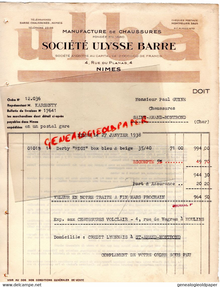 30- NIMES- RARE FACTURE SOCIETE ULYSSE BARRE- MANUFACTURE CHAUSSURES-4 RUE DU PLANAS- PAUL GUINE ST SAINT AMAND MONTROND - Textile & Clothing