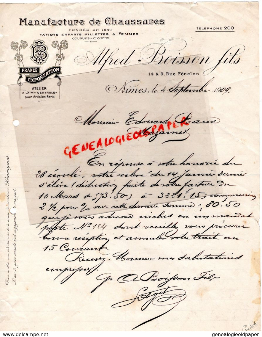 30- NIMES- RARELETTRE ALFRED BOISSON FILS-MANUFACTURE CHAUSSURES -14 RUE FENELON- EDOUARD BAUX A MAZAMET 1909 - Kleidung & Textil