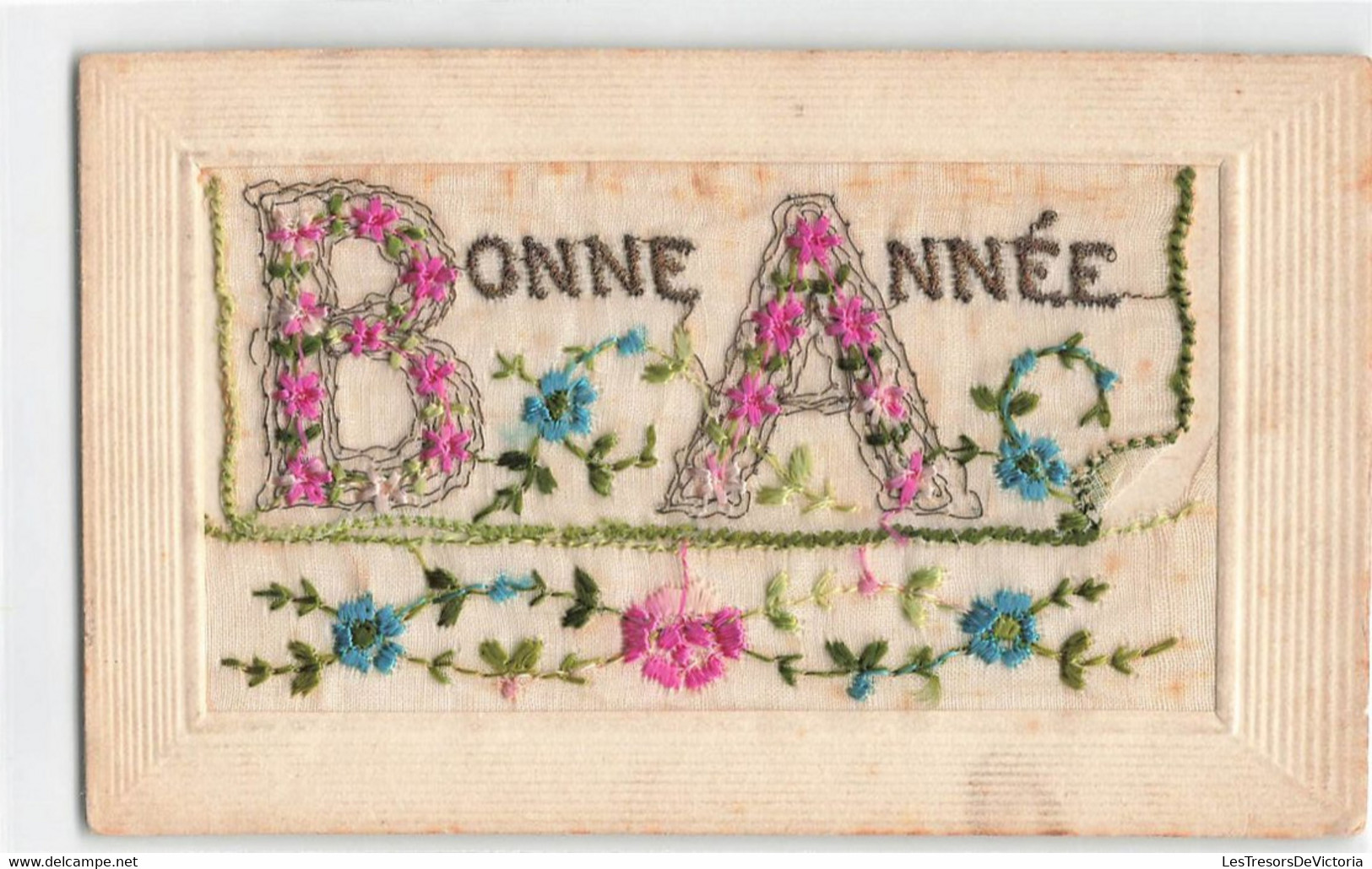 CPA Brodée Fantaisie -  Bonne Année - Enveloppe Brodée - Fleurie - J S Paris - Bestickt