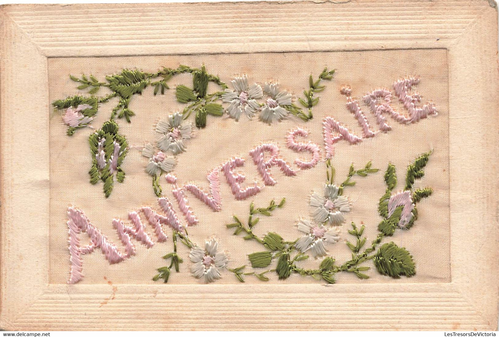 CPA Brodée Fantaisie -  Anniversaire  - Fleurie - J S Paris - Bordados